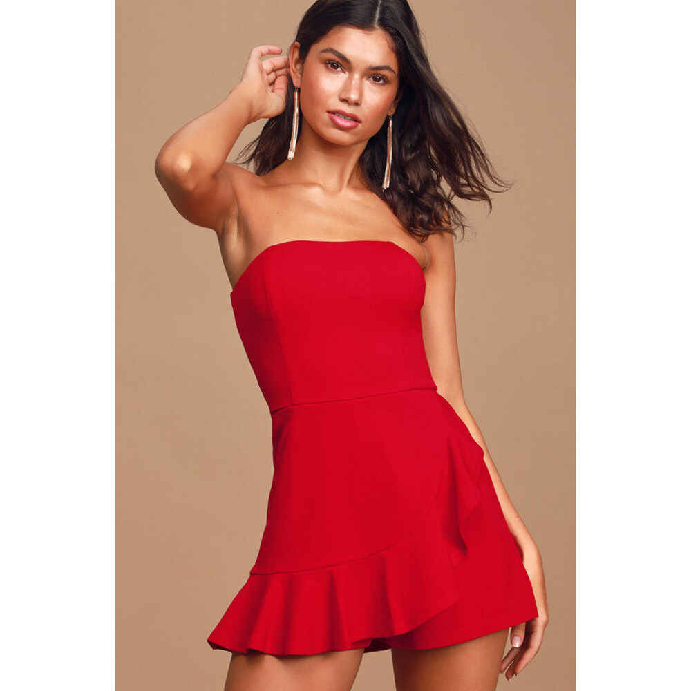 Lulus Call Me Up Red Ruffled Strapless Skort Romper - Size XS